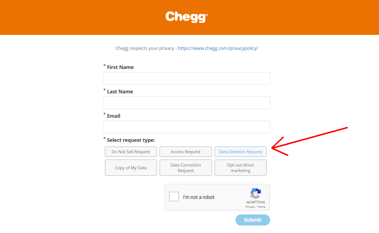 Chegg Data Deletion Request