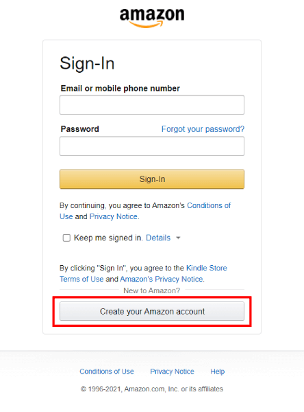 Create your Amazon account from sign in page