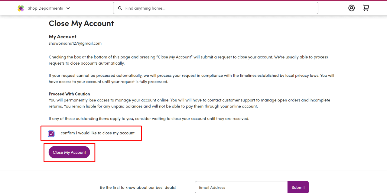 How to Delete Wayfair Account via the Website