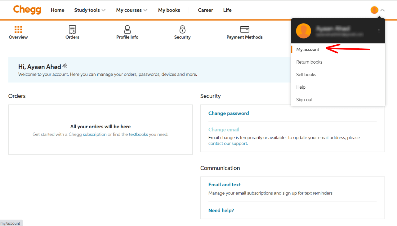 Deleting Chegg Account from a browser