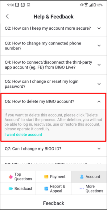 How to delete Bigo account via the app