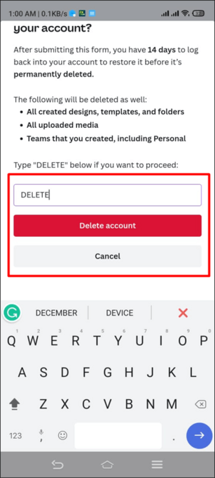 How to delete Canva account via the app