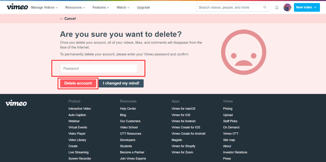 How to delete Vimeo account via the website