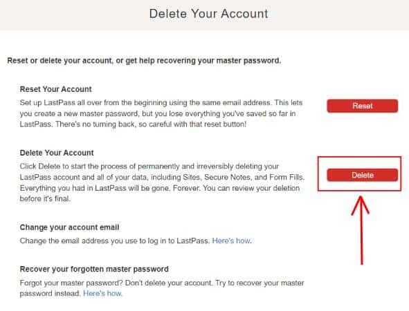 LastPass Delete Account option