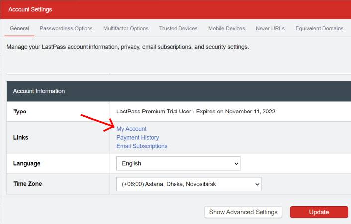 LastPass account information settings option
