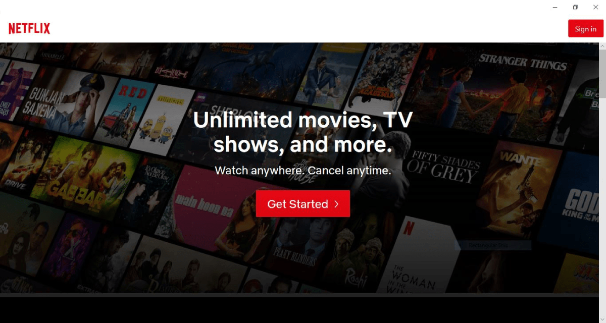 Netflix sign or sign up page on Windows 10