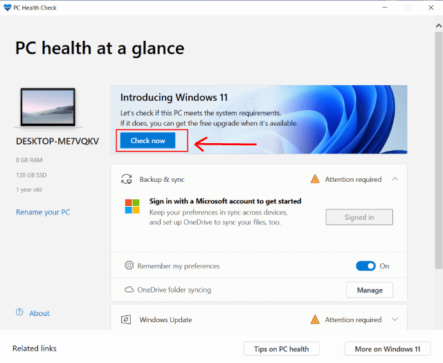 PC Health Check app to check for compatibility