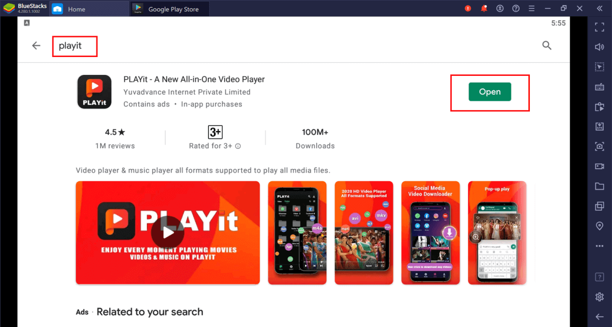 Playit install from google play store on BlueStacks