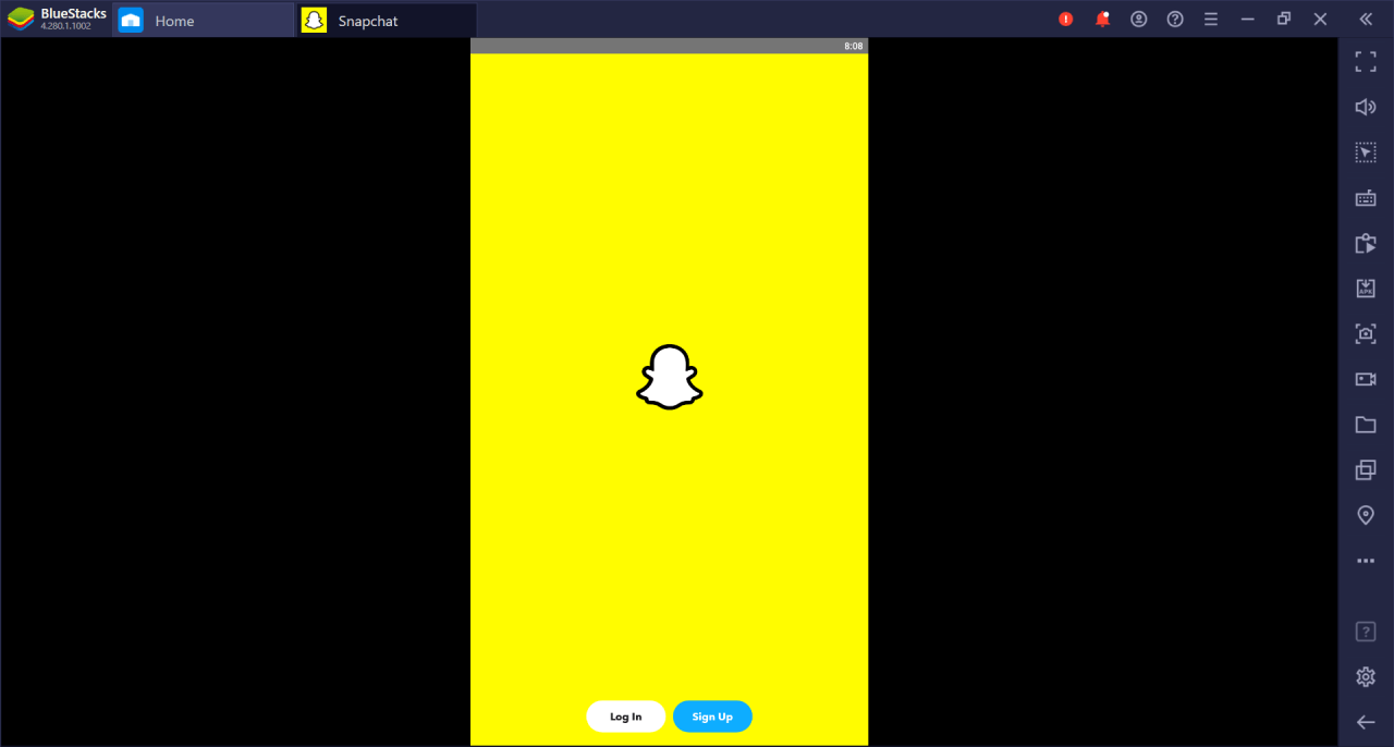 Snapchat Login and sign up page on BlueStacks
