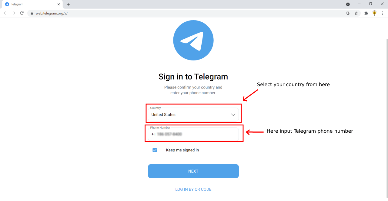 Telegram Web sign in page