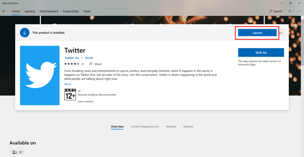Twitter install from Microsoft store