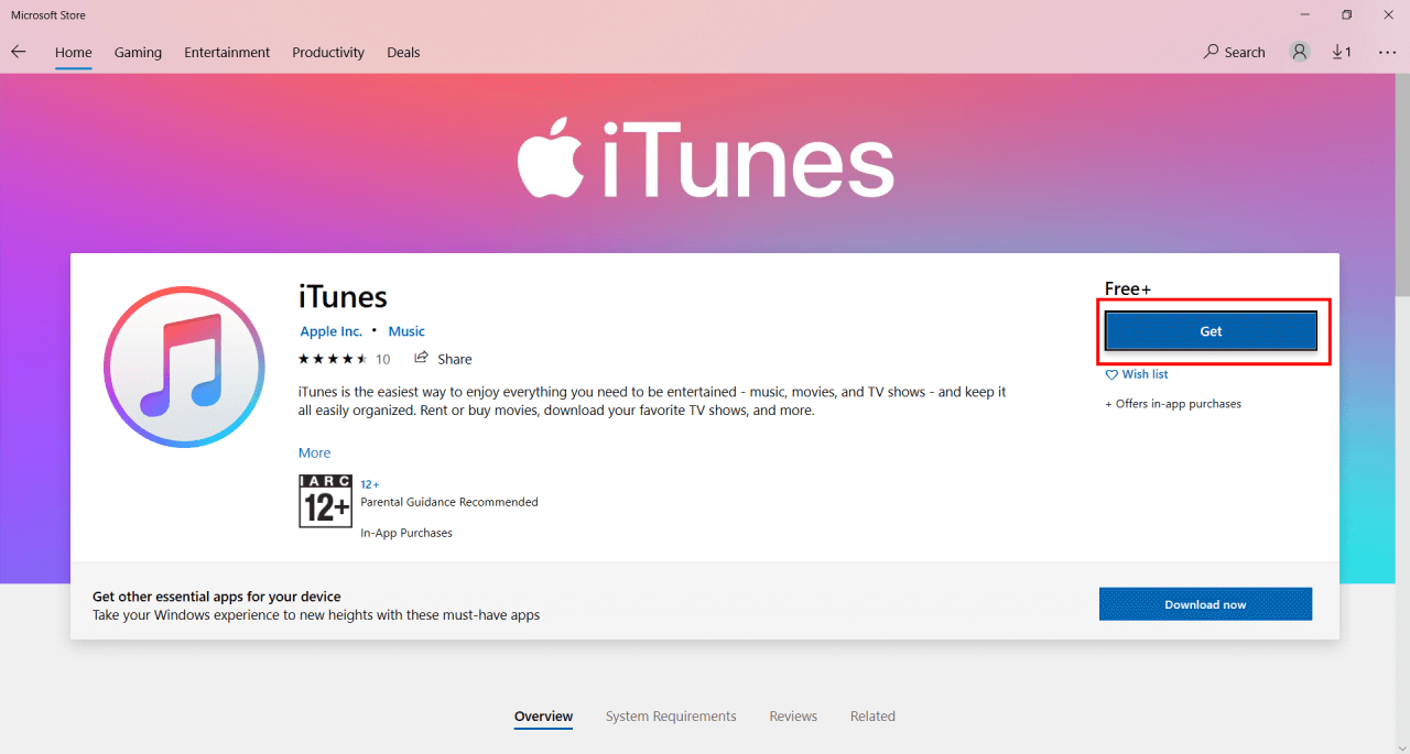 iTunes Get on microsoft store