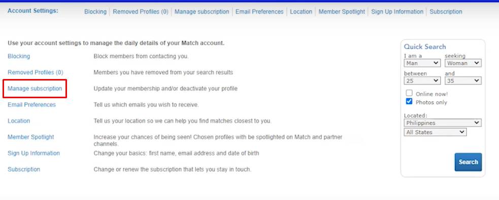 match Manage Membership page
